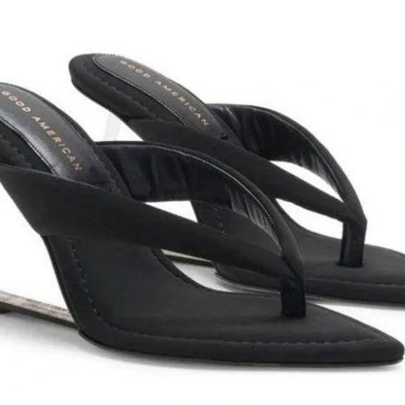 NEW.  Good American Cinder-f*king-rella Black Thong Clear Sandal Wedges - Picture 2 of 5